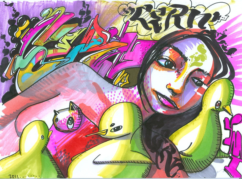 CERN YMI "Woman With Birds" Black Book Drawing