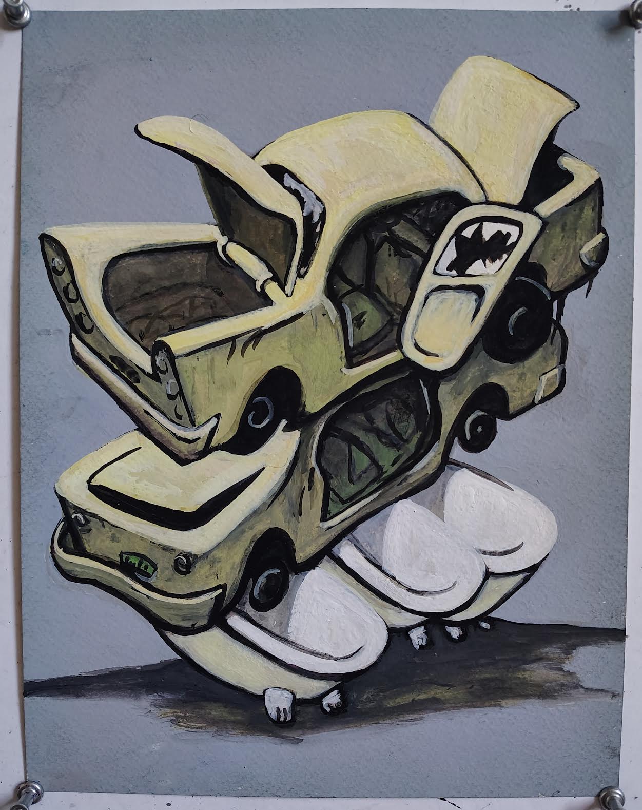 Rick Prol -  "Car Pile with 3 Tubs" - Gouache