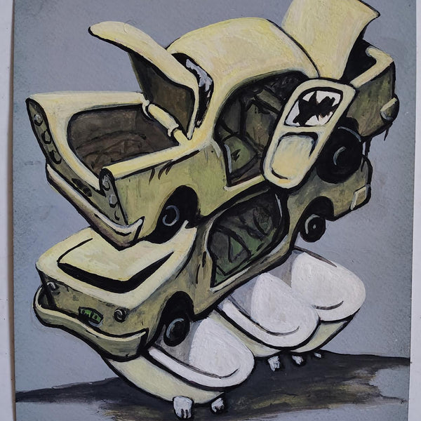 Rick Prol -  "Car Pile with 3 Tubs" - Gouache
